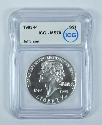 1993-P Thomas Jefferson Commemorative Silver Dollar MS70 ICG - Image 1 of 4