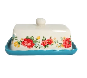 Pionierin Butterdose Vintage Blumen Rüschen Leinen türkis 2 Stück - Bild 1 von 8