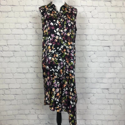Equipment Tira Silk Shift Asymmetrical Dress Size M Eclipse Multi Floral Black - Image 1 of 4
