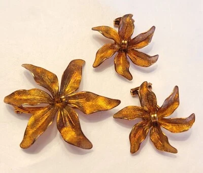 Tiffany & Co 14k Rose Gold Orchid Flower Pin Brooch & Clip-on Earrings Set - Image 1 of 2