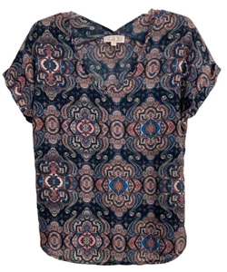 Pink Rose Pullover Blouse Size M Blue Multi Cuffed Short Sleeves V Nick 206 - Picture 1 of 7