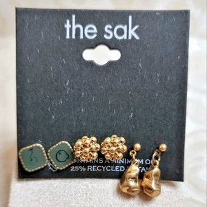 Juego de 3 pares de pendientes THE SAK - Boho estilos mixtos tono dorado verde gota y tachuela - Imagen 1 de 2