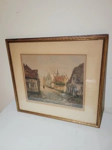 Mit Bleistift signierte europäische Straßenszene Lithographie 21 x 19 im Holzrahmen... - Bild 1 von 6