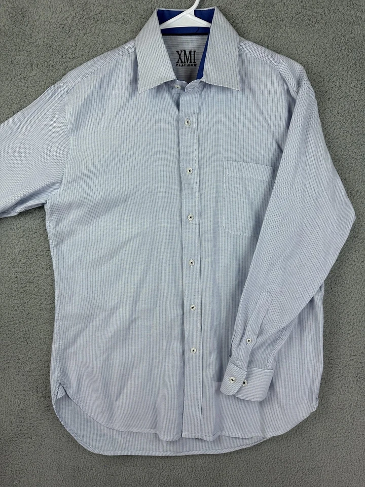 Camisa masculina XMI platina grande azul branca xadrez botão para baixo manga longa clássica - Imagem 1 de 4