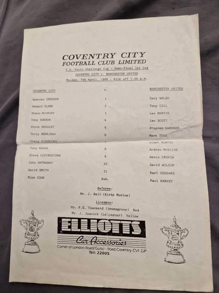 COVENTRY CITY  V MANCHESTER UNITED- FA YOUTH CUP SEMI FINAL- 1986 - Image 1 of 1