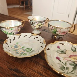 Lot Vintage Pearl Lusterware Tea Cup & Saucer Beaded Flower Norcrest Lipper Mann - Picture 1 of 19