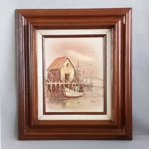 Vintage Original Ölgemälde von John Luini angedockte Fischerboote 8" x 10" Leinwand - Bild 1 von 3