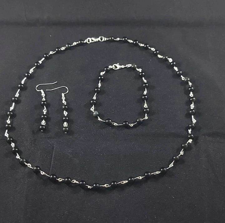 Juego 3 en 1: Collar de obsidiana arco iris natural plateado, pendientes, pulsera  Foto 1 de 4