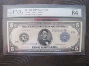 1914 $ 5.00 DOLLAR FEDERAL RESERVE NOTE FR#851c WHITE - MELLON PMG CHOICE UNC 64 - Picture 1 of 6