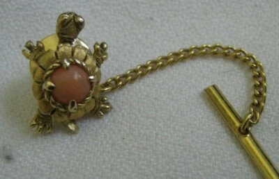 14K Yellow Gold FANCY TURTLE Lapel Pin Tie Tack w/ Angel Skin Coral Shell, 3.5 g - Image 1 of 4