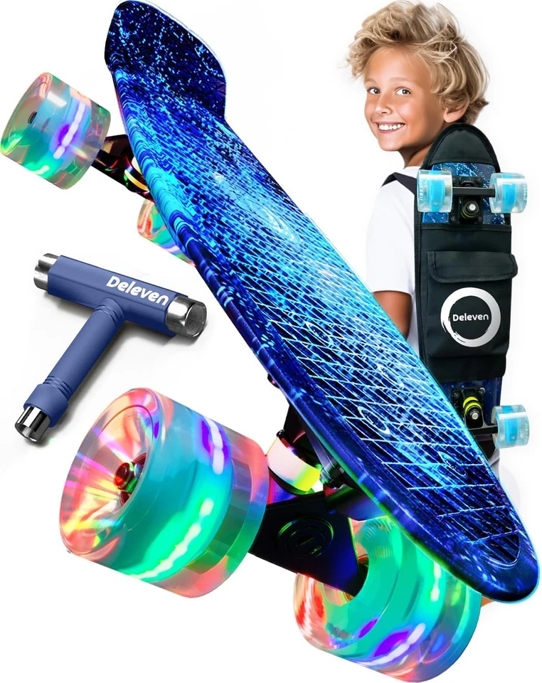D DELEVEN Deleven Skateboard mit Tragetasche, LED Rollen, Skate Tool und ABEC 7 Lager