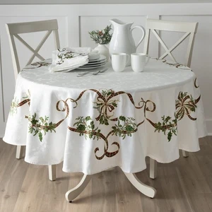 Merry Ribbons Engineered Printed Jacquard Fabric Christmas Table Cloth, for C... - Picture 1 of 6