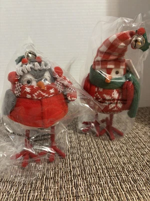 Winter Red,White.Green Fabric Bird Table Top Christmas Decoration S/2 •  7" - Image 1 of 4