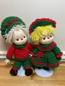 Vintage Hand Crafted Crocheted Dolls Boy and Girl ~12" Tall w/ Rubber Faces - Picture 1 of 11