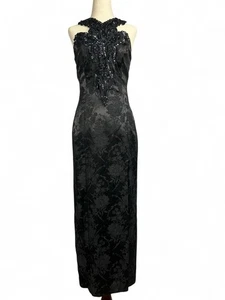 Vintage Black Satin Floral Beaded Maxi Formal Dress Goth Glam Hoco Small - Picture 1 of 11