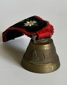 Vintage Swiss Solid Brass Cow Bell With Embroidered Velvet Strap - Picture 1 of 8