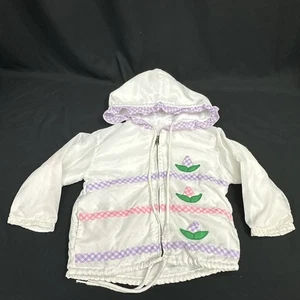Vtg White Hooded Full Zip Jacket Coat Sz 12mth Ruffles 3D Flowers Infant Gingham - Picture 1 of 17