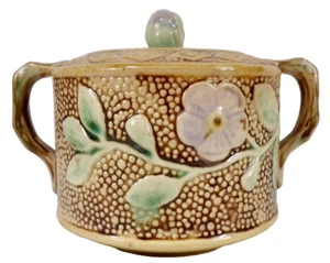 Majolica Wild Rose Sugar Bowl Floral Figural Lid Handles Antique - Picture 1 of 12