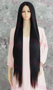 Super Lange Glatte Hitze OK Beige Lace Front Echthaar Mischung Perücke Tief Schwarz EVFR - Bild 1 von 7