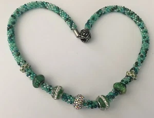 Handmade Kumihimo Green Beaded Necklace Stainless Steel Rose Magnetic Clasp - Picture 1 of 8