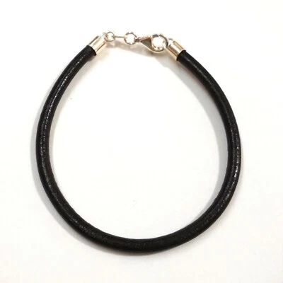 4mm Thick Black Genuine Leather Cord ANKLET with Real 925 Sterling Silver Clasp - Image 1 of 4