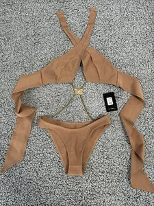 Fashion Nova Sz M Best Vacation Fling Bikini Brown Nude Butterfly Chain NW - Picture 1 of 9