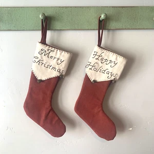 Unbranded Embroidered Felt Christmas Stockings Bells Red/Cream Set of 2 - Picture 1 of 2