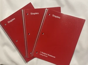 3 Red STAPLES College Ruled Spiral Bound Notebooks 8 x 10.5” Notebook Lot - Picture 1 of 4
