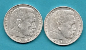 2 GERMAN SILVER FIVE REICHS MARK COINS. 1936 A, 1936 F. HINDENBURG. GERMANY. - Picture 1 of 2