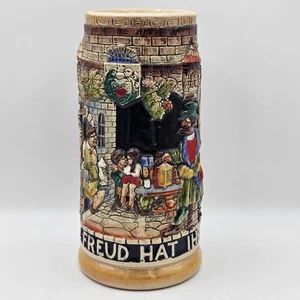 Antique Tall West German Beer Stein Pub Images - "Auch Die Freud Hat Ihre Zeit" - Picture 1 of 7