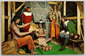 Postkarte Massachusetts Plymouth Nationales Wachsmuseum Massasoit Vertrag MA - Bild 1 von 2