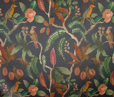 Colonial Birds Cobalt Thick Plush Velvet Fabric Curtain Upholstery Cushion Use - Image 1 of 4