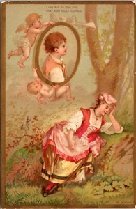 I Live But to Love You, Victorian Trade Card Woman dreaming of Man, cherubs - Picture 1 of 2