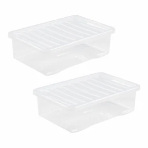 2 x 32 Litres CLEAR PLASTIC Storage Box with Lid Underbed Stackable Containers - Picture 1 of 15