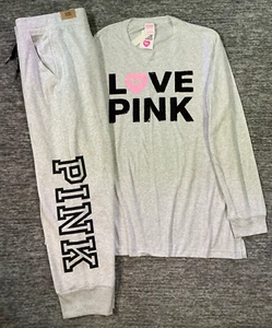 Victoria's Secret Pink Bling Campus LS Tee Shirt +Jogger Pants Set Gray Dog XL💗 - Picture 1 of 13