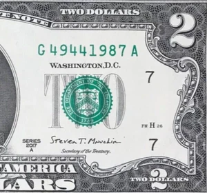 G 4944 1987 A : TRAILING YEAR 1987 $2 Two Dollar Bill Serial Number - Picture 1 of 3