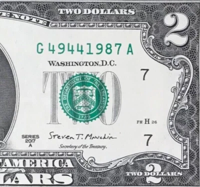 G 4944 1987 A : TRAILING YEAR 1987 $2 Two Dollar Bill Serial Number - Image 1 of 3