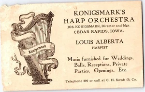 Cedar Rapids, Iowa ANFANG 1900er Königsmark Harfenorchester Visitenkarte Werbung - Bild 1 von 2