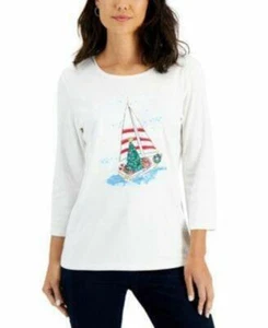 MSRP $37 Karen Scott Holiday Sail Embellished Top Winter White Size Small - Picture 1 of 1