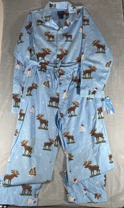 Nick & Nora Pyjama Set Blau Schoko Elch Y2K 100% Baumwolle Nachtwäsche Damen XL NEU - Bild 1 von 12