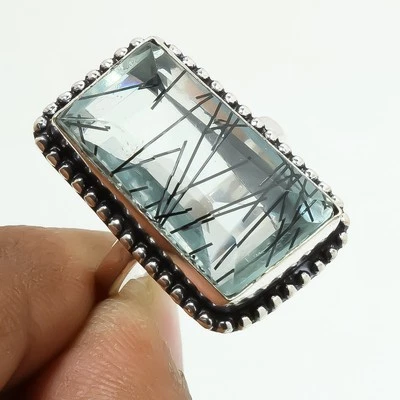 Black Rutile Gemstone Handmade Fashion Ethnic Antique Jewelry Ring 8.25" SR 4847 - Image 1 of 4