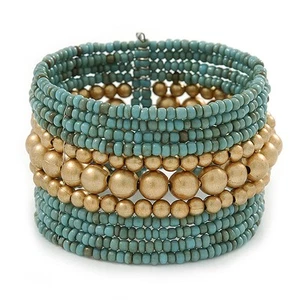 Dusty Light Blue/ Gold Glass, Acrylic Bead Flex Cuff Bangle - Adjustable - Picture 1 of 6
