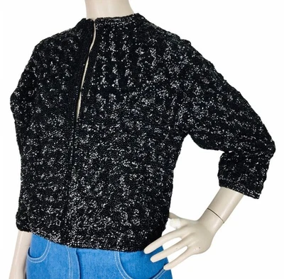 Chaqueta de noche vintage años 50 Savile Row Co lentejuelas con cuentas recortada manga 3/4 pequeña Foto 1 de 4