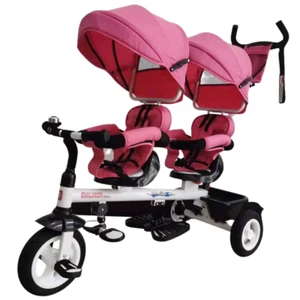 NEW Kids Tandem Tricycle Double Seats Ride-On Trike With Parent Handle - Pink - Picture 1 of 1