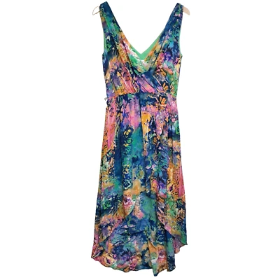 Suzi Chin Maggy Boutique Silk Floral Batik Dress Sz 6 High Low V-neck Boho Artsy - Image 1 of 4