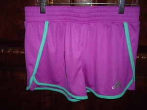 T10 EUC Girls Size 14 Adidas Poly Mesh Shorts Purple w Green Trim - Picture 1 of 4