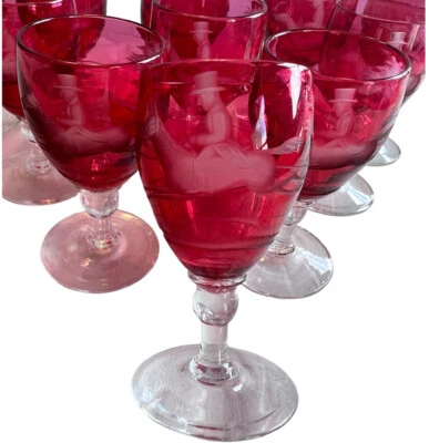 Antique Cranberry Ruby Red Etched Glass Cordial Liqueur Hunting Scene Set of 10 - Image 1 of 4