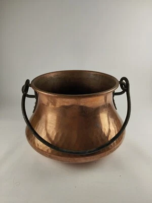 Ancien Vintage Chaudron En Cuivre Avec Anse En Fer Lecellier Villedieu - Photo 1/4