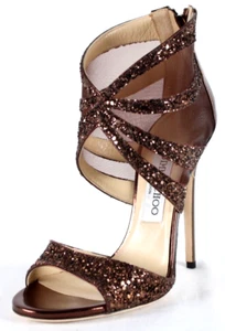 JIMMY CHOO Bronze Leather Mesh Glitter LEILA 120 High Heels Sandals 37 NIB - Picture 1 of 13