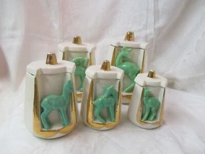 Vintage Art Deco 10 pc gold white ceramic Canister set 3D green Deer - Picture 1 of 9